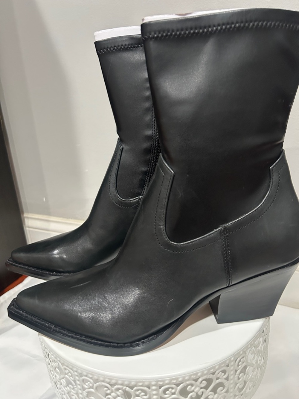 Dolce Vita Black Leather Mid-Calf Block Heel Ankle Boots - Picture 9 of 12